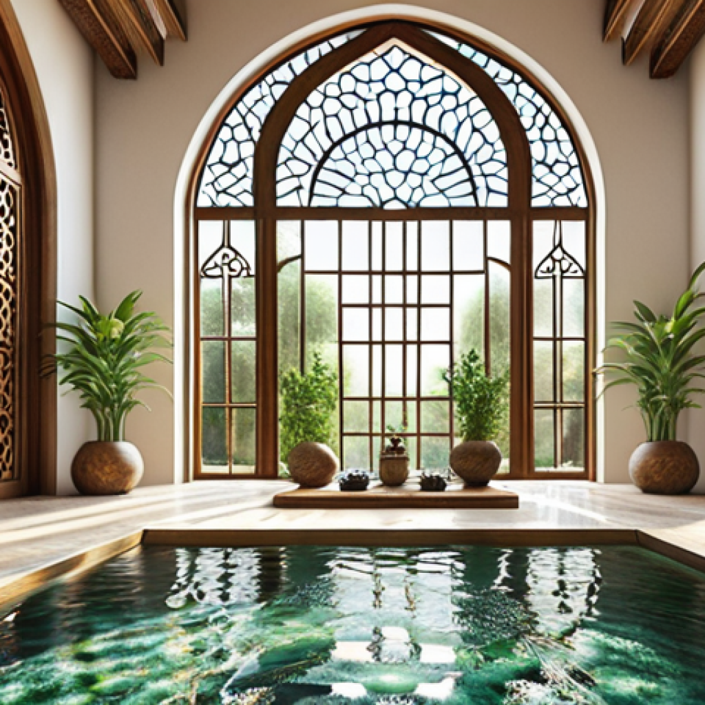 **Biophilic Design:** "A bright, modern Arabic home interior with lush green plants integrated throughout. Sunlight streams through large windows, highlighting natural wood textures and a calming water feature. The design incorporates patterns inspired by Islamic art."